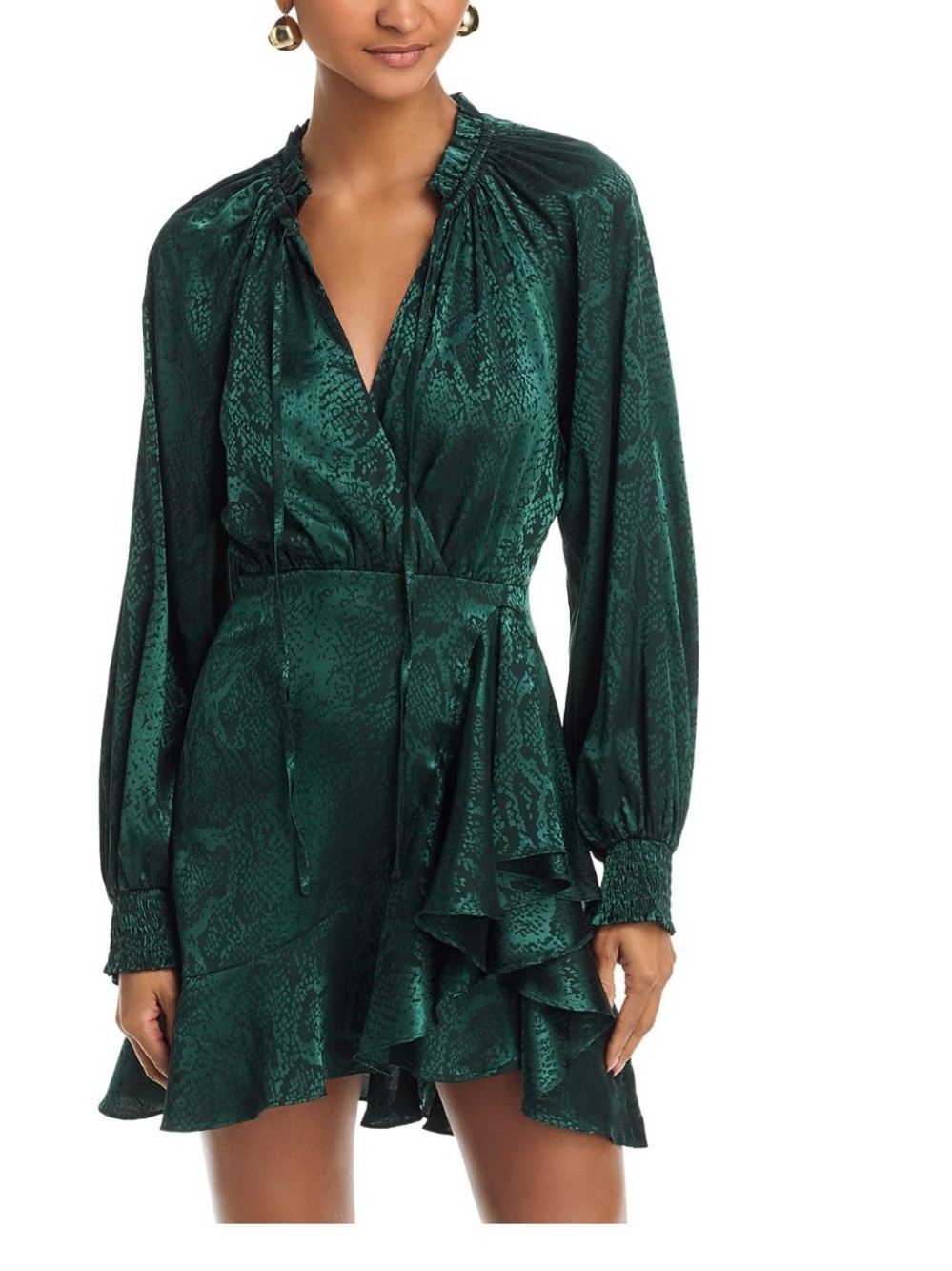 AQUA Emerald Green Ruffled Long-Sleeve Wrap Dress